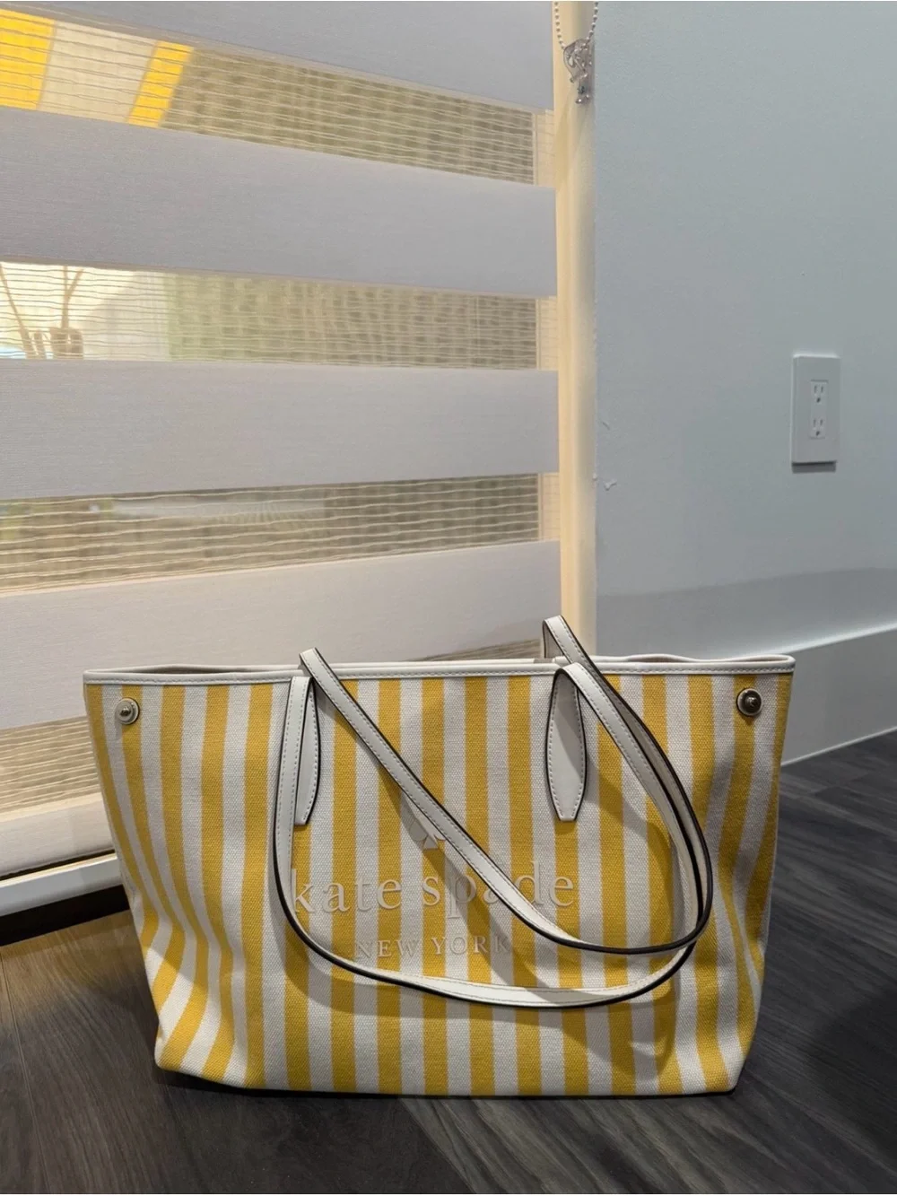 kate spade Yellow and White Striped Canvas Shoulder Tote